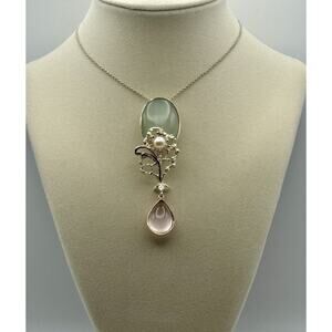 Sterling Silver Pendant with Jade Rose Quartz White Pearl and Rose Gold Vermeil